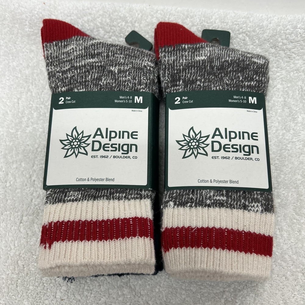 Alpine Design Womens Size M 5-10 4 Pair Red Gray Ragg Hiker Crew Socks
